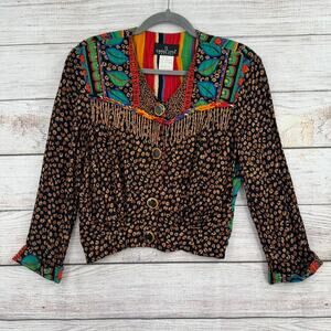 Vintage 90s Carol Little Petites Multi Print Beaded Blouse Womens 2 Multicolor